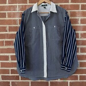 LAUREN Ralph Lauren 1X Striped Button Down Top Blue White Blouse Collared Career